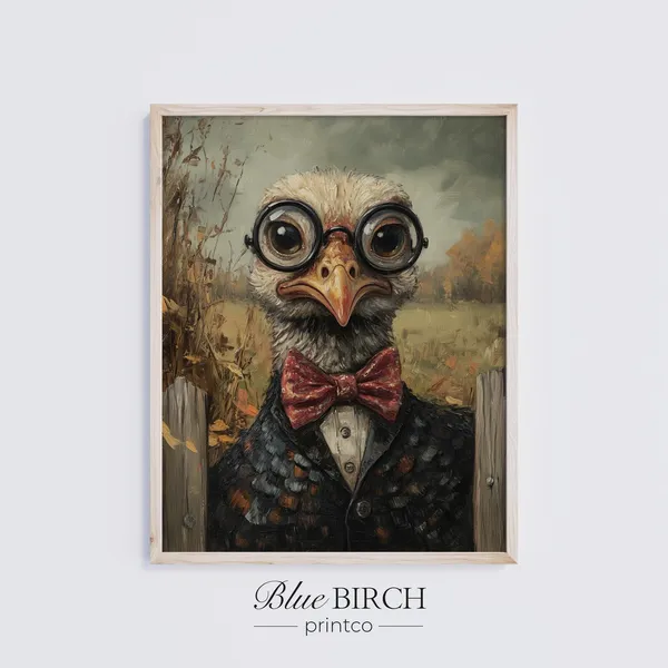 Rustic Turkey Portrait With Glasses, Vintage Art Print