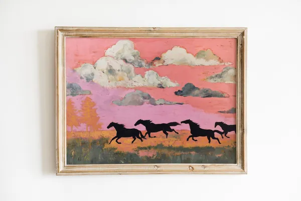 Wild Horses Pink Sunset Vintage Western Art Print