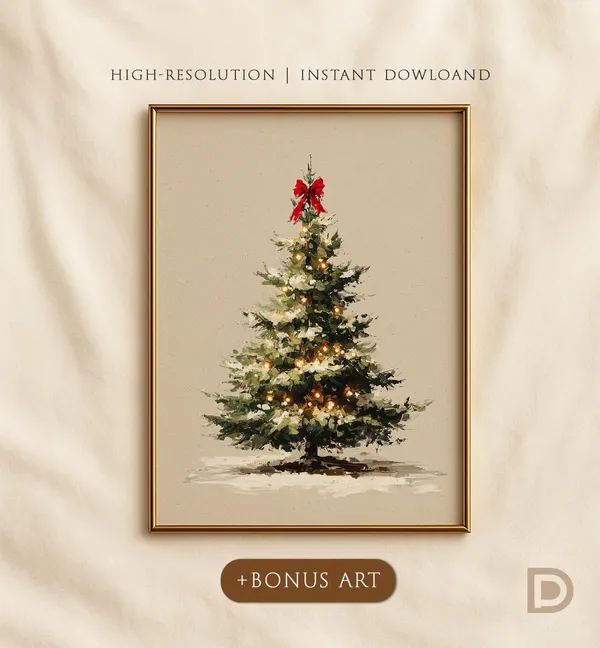 Red Bow Christmas Tree Art Print, Neutral Holiday Decor
