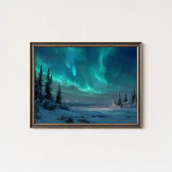 Aurora Borealis Art Print, Winter Forest Landscape