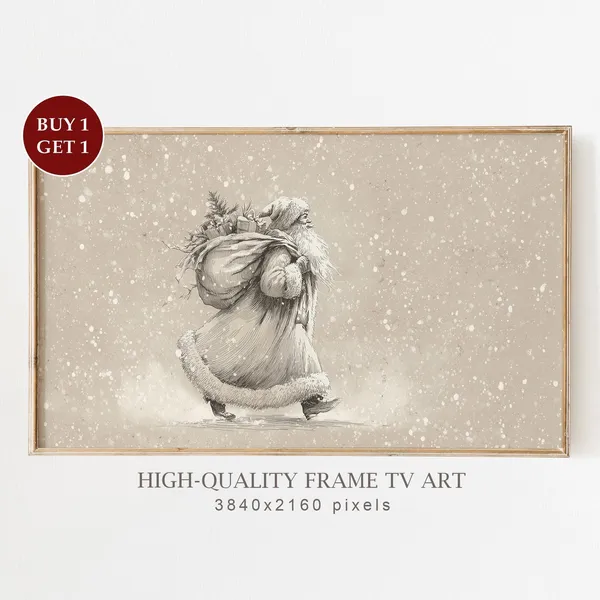 Vintage Santa Claus Drawing Art Print, Neutral Farmhouse