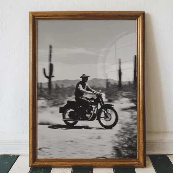 Vintage Cowboy Motorcycle Desert Poster, Western Sports Print