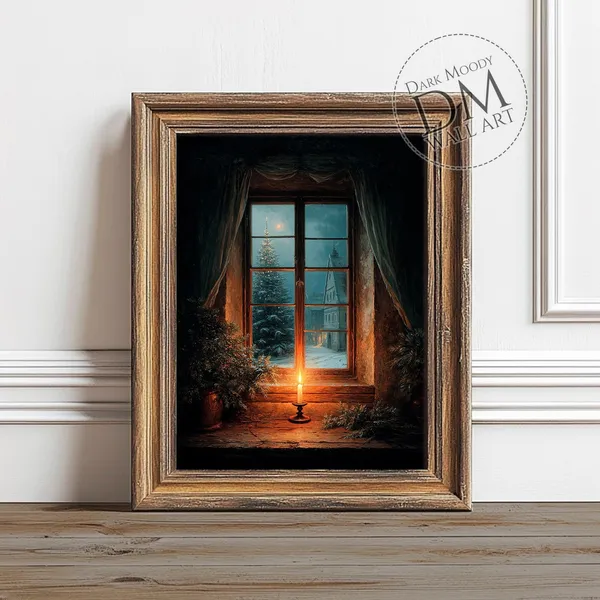 Christmas Candle Window Art Print, Rustic Holiday Tree