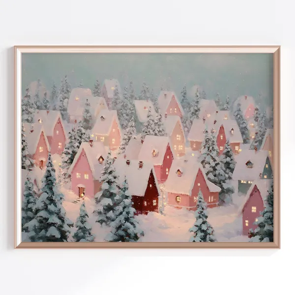Pink Winter Village Christmas Art Print, Pastel Holiday Houses