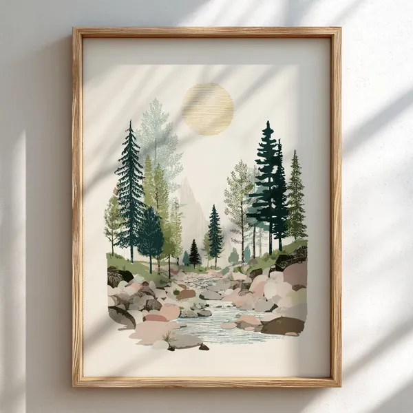 Pastel Forest Print, Serene Sunlit Trees Poster