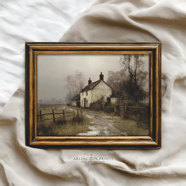 Vintage Autumn Cottage Art Print, Rustic Farmhouse