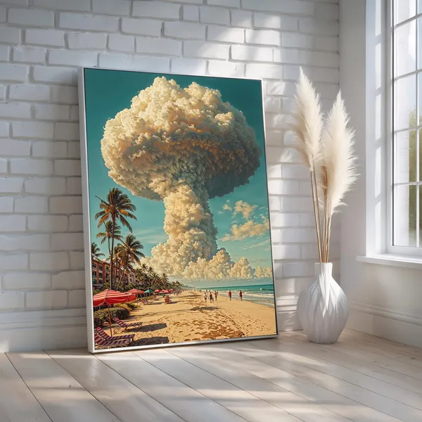 Atomic Beach Surreal Retro Pool Scene Art Print