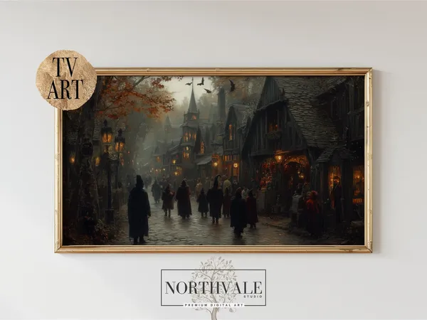 Moody Halloween Street Scene Vintage Village Art Print