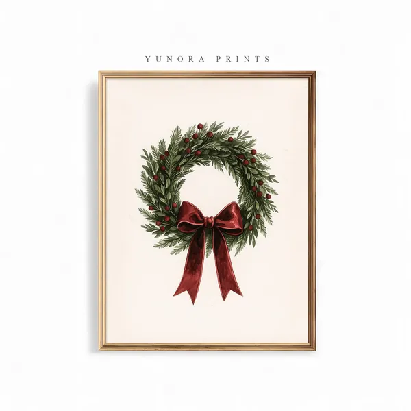 Christmas Wreath Red Bow Watercolor Art Print