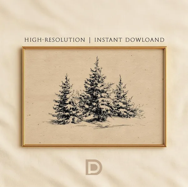 Neutral Christmas Trees Sketch Wall Art Print