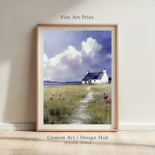 Watercolor Cottage House Landscape Art Print