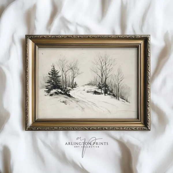 Vintage Winter Forest Drawing, Snowy Landscape Art Print