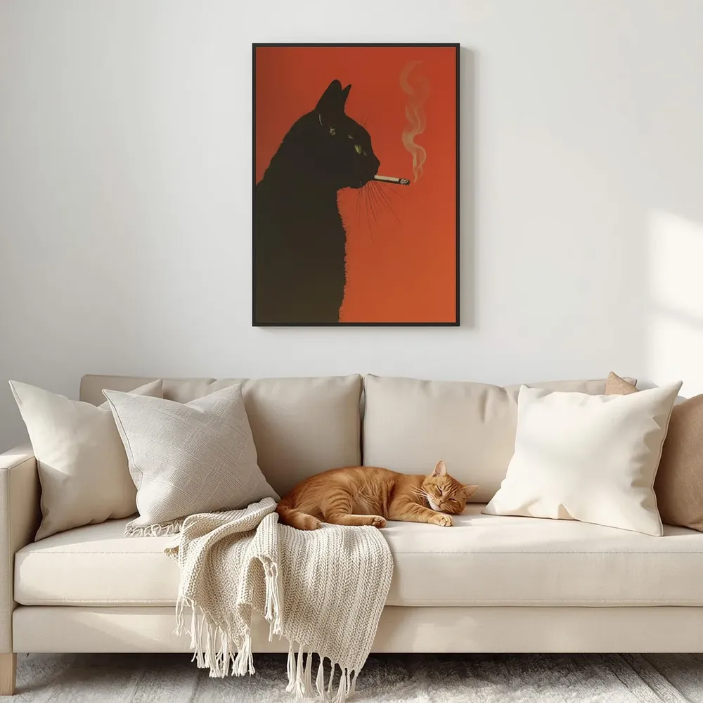 Black Cat Smoking Cigarette Retro Orange Whimsical Art Poster - Image 2