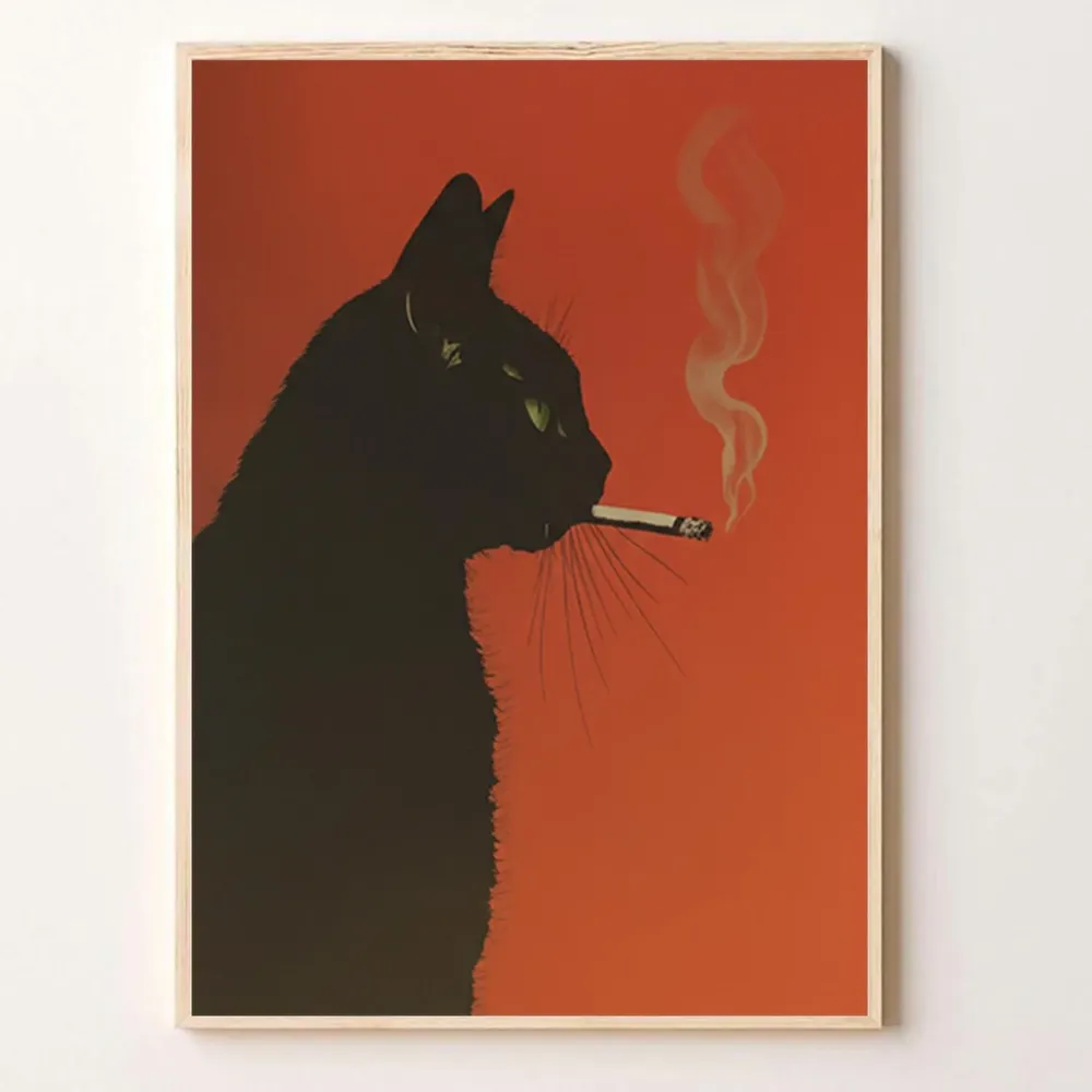 Black Cat Smoking Cigarette Retro Orange Whimsical Art Poster
