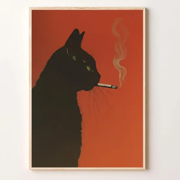 Black Cat Smoking Cigarette Retro Orange Whimsical Art Poster