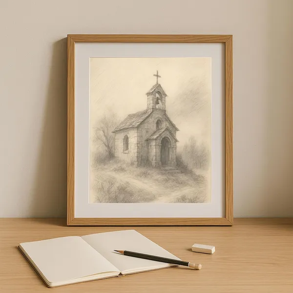 Rustic Church Pencil Sketch, Vintage Countryside Chapel