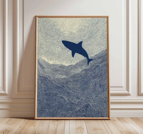 Abstract Linocut Shark Art Print, Coastal Minimalist