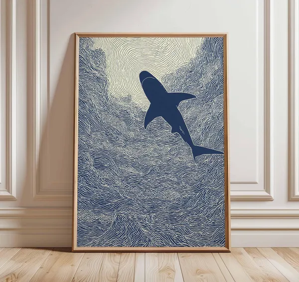 Abstract Linocut Shark Art Print, Nautical Minimalist