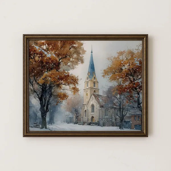 Autumn Church Steeple Vintage Print, Rustic Fall