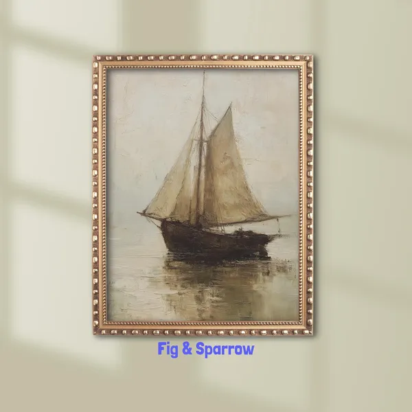 Vintage Sailboat Painting, Moody Nautical Art Print