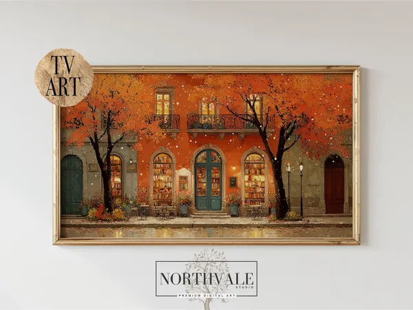Vintage Cosy Autumn Cafe Art Print, Rustic Street Scene