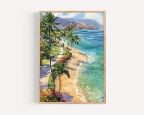Kaanapali Beach Watercolor Painting Print, Maui