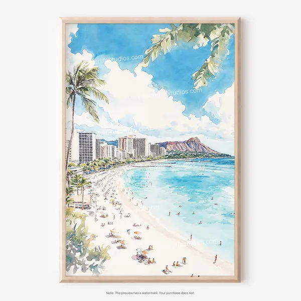 Honolulu Watercolor Beach Scene Art Print