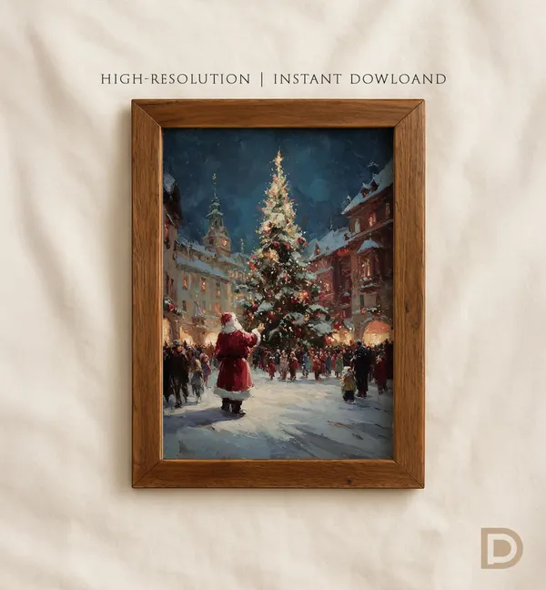 Christmas Town Tree Vintage Holiday Market Art Print