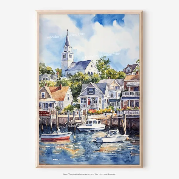 Cape Cod Watercolor Art Print, Seaside Village