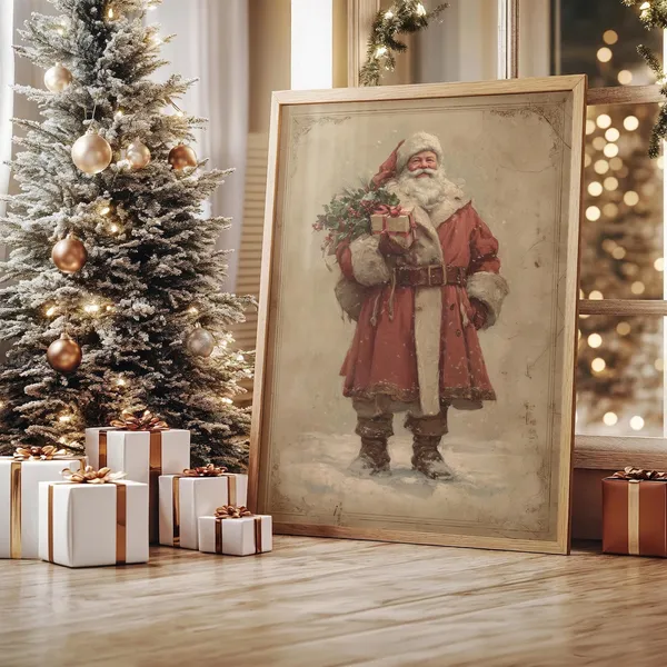 Vintage Santa With Gift And Holly Bouquet Poster