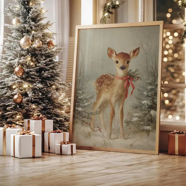 Snowy Fawn With Red Ribbon, Winter Forest Art Print