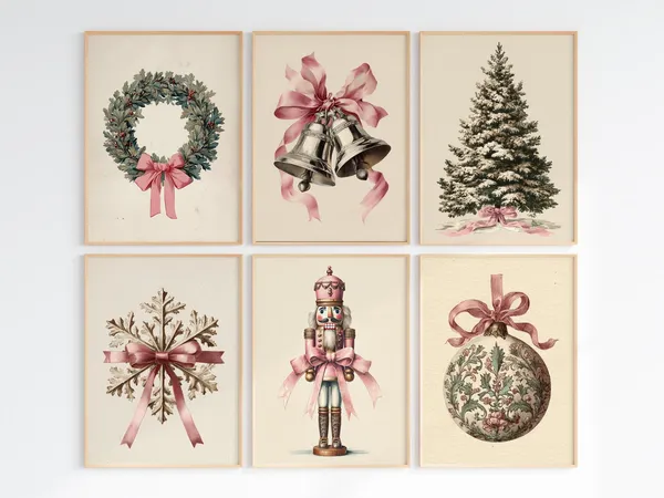 Vintage Pink Christmas Wall Art Set, Holiday Decor