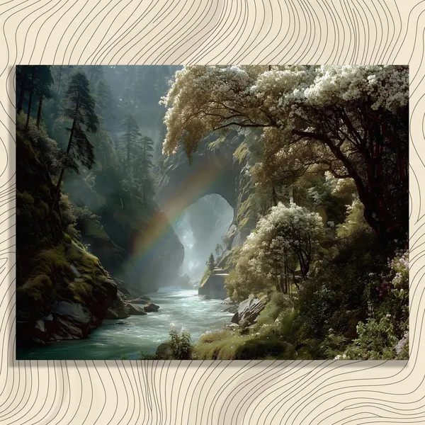 Colorful Forest River Rainbow Waterfall Landscape Art Print