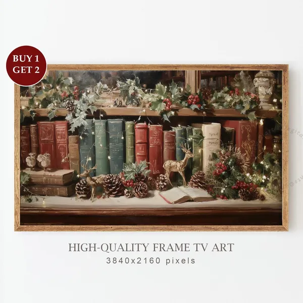 Christmas Bookshelf Vintage Holiday Art Print