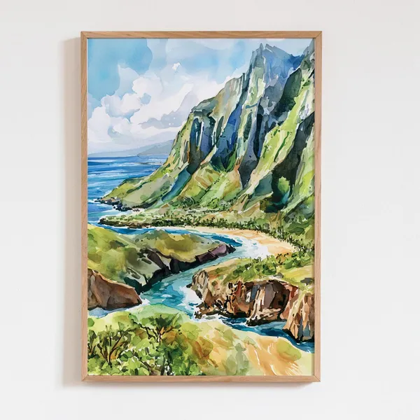 Hawaii Kauai Watercolor Travel Poster, Island Art