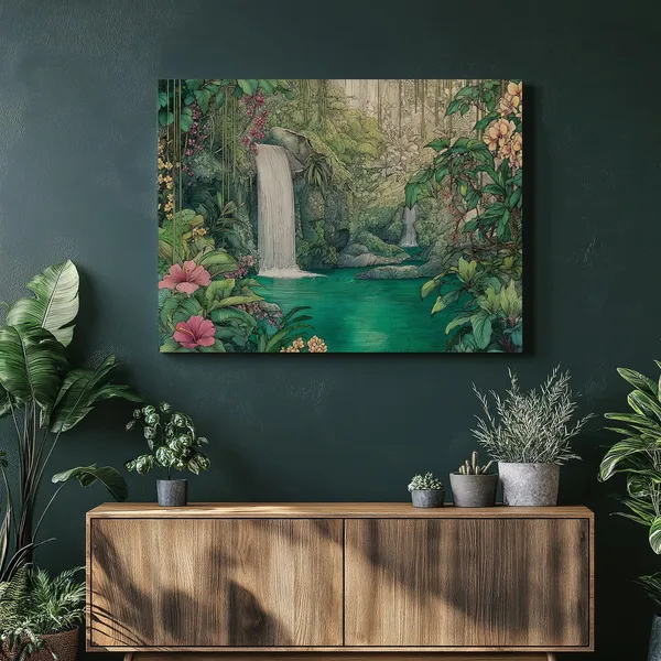 Tropical Waterfall Jungle Art Print, Lush Rainforest