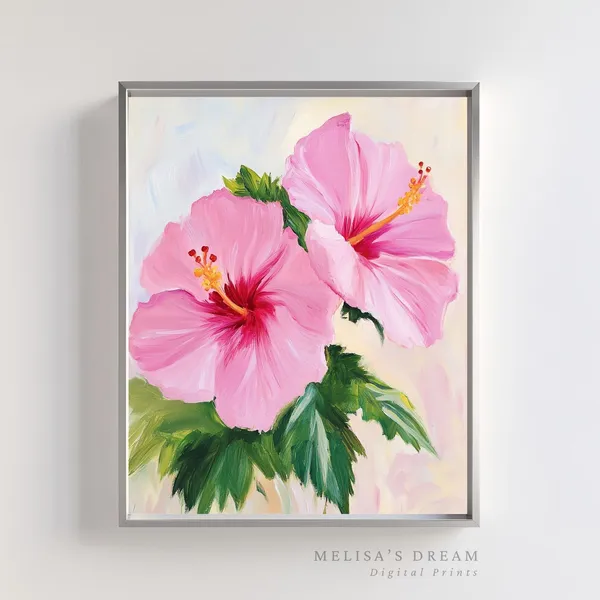 Pink Hibiscus Painting, Tropical Floral Art Print