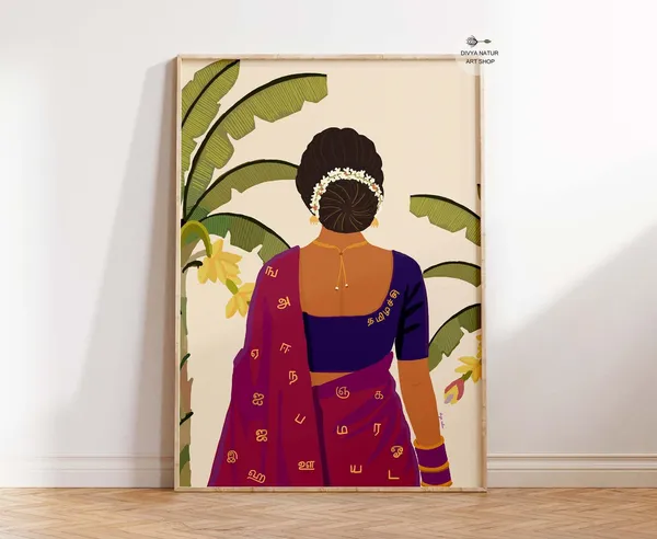 Tamil Woman Art Print, South Saree Alphabet Portrait