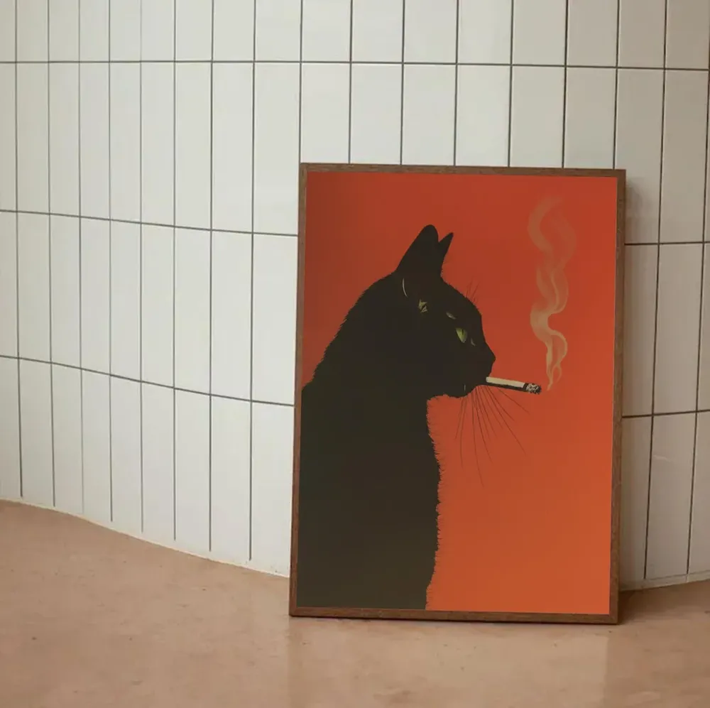 Black Cat Smoking Cigarette Retro Orange Whimsical Art Poster - Image 6