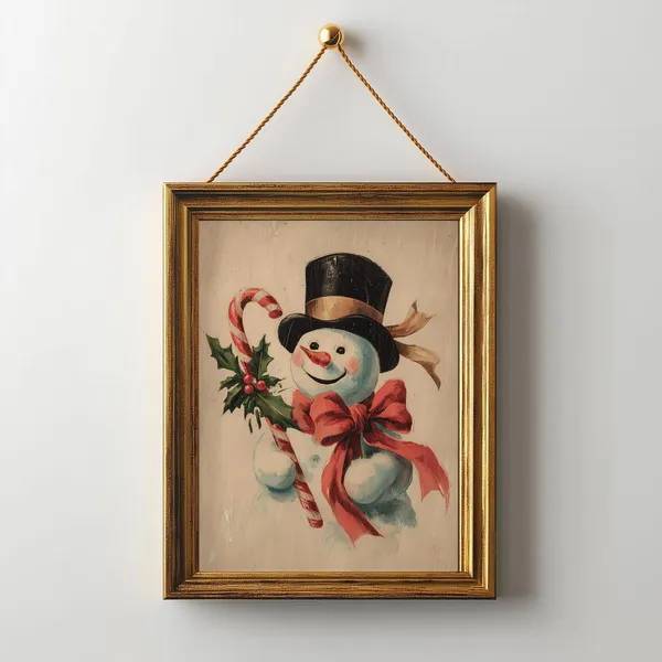 Vintage Snowman Christmas Art Print, Retro Holiday Decor