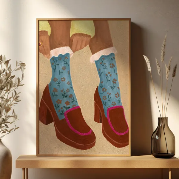 Retro Heels Illustration, Blue Floral Fashion Print