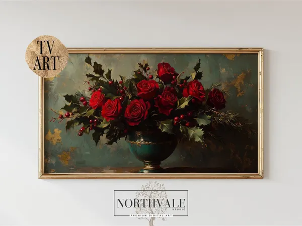 Festive Vintage Holiday Roses and Holly Art Print