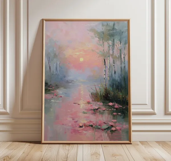 Pink Sunset Landscape, Impressionist Poster Print