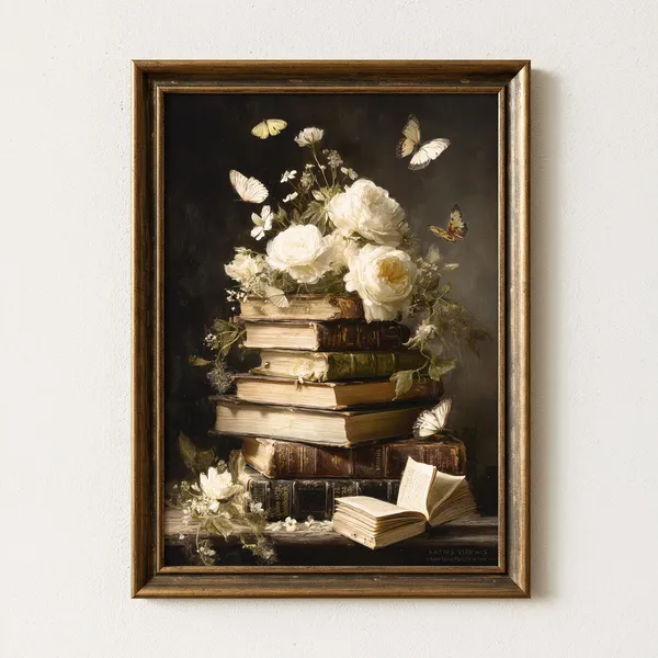 Vintage Books And Flowers Art Print, Dark Academia Still Life