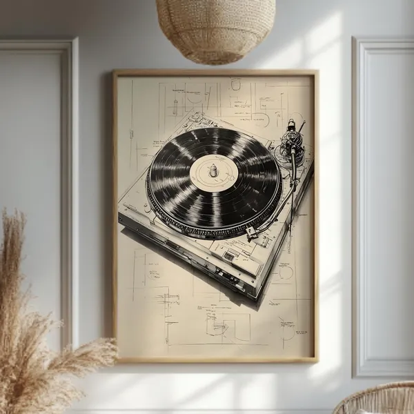 Record Player Blueprint Poster, Vintage Minimalist Line Art