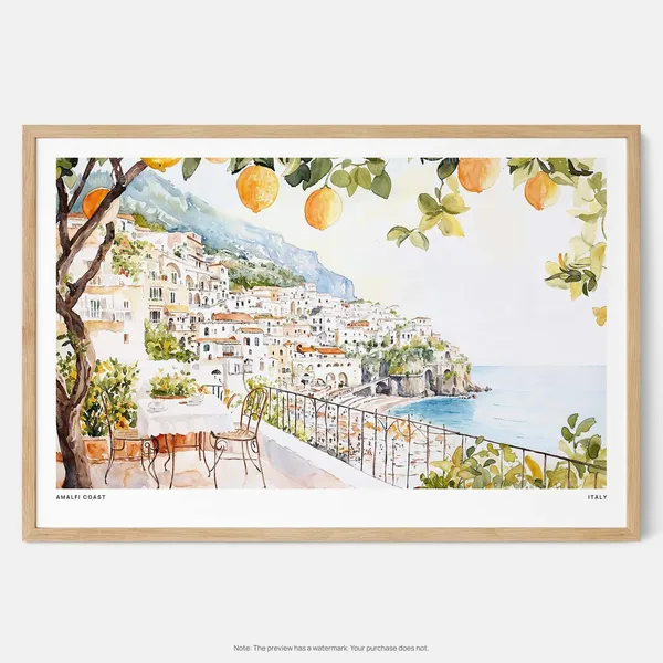 Amalfi Coast Watercolor Art Print, Coastal Landscape