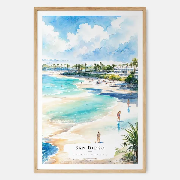 San Diego Beach Watercolor Art Print, Coastal Travel