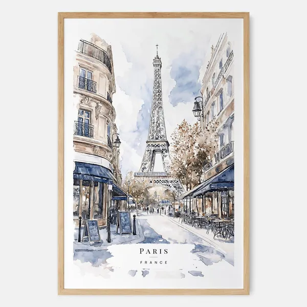 Paris Watercolor Travel Poster, France Cafes and Eiffel Tower