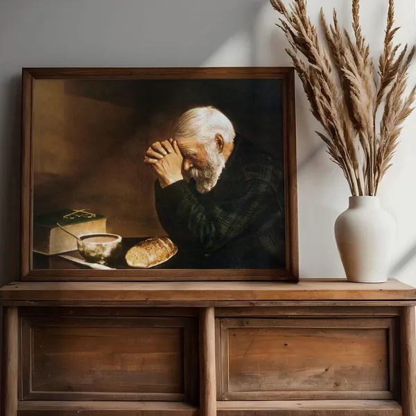 Man Praying Over Bread Vintage Poster