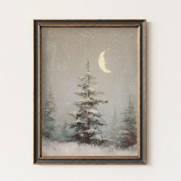 Vintage Winter Landscape Art Print, Moody Christmas